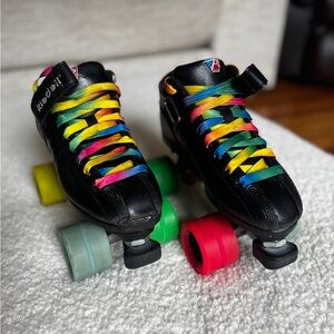Riedell Black Roller Skates with Vibrant laces and colored Sonar wheels